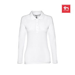 Women's long-sleeved polo shirt in cotton piqué and viscose with removable label