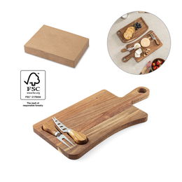 Acacia wood cheese board with two utensils