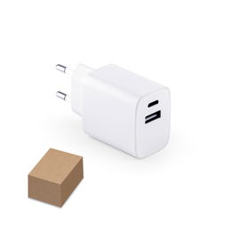 Power adapter with USB-A port 18W and USB-C 20W in recycled ABS (100% rABS)