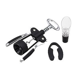 Stainless steel wine set with a corkscrew, foil cutter, decanter and bottle opener
