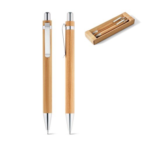 Ball pen and mechanical pencil set in bamboo