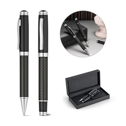 Roller pen and ball pen set in metal and carbon fibre