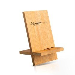 Bamboo mobile phone holder with cable slot