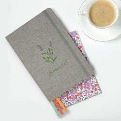 Linen hardcover notebook, 3 satin bookmarks and pocket