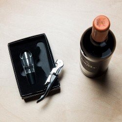 Stainless steel wine set with a corkscrew and a decanter